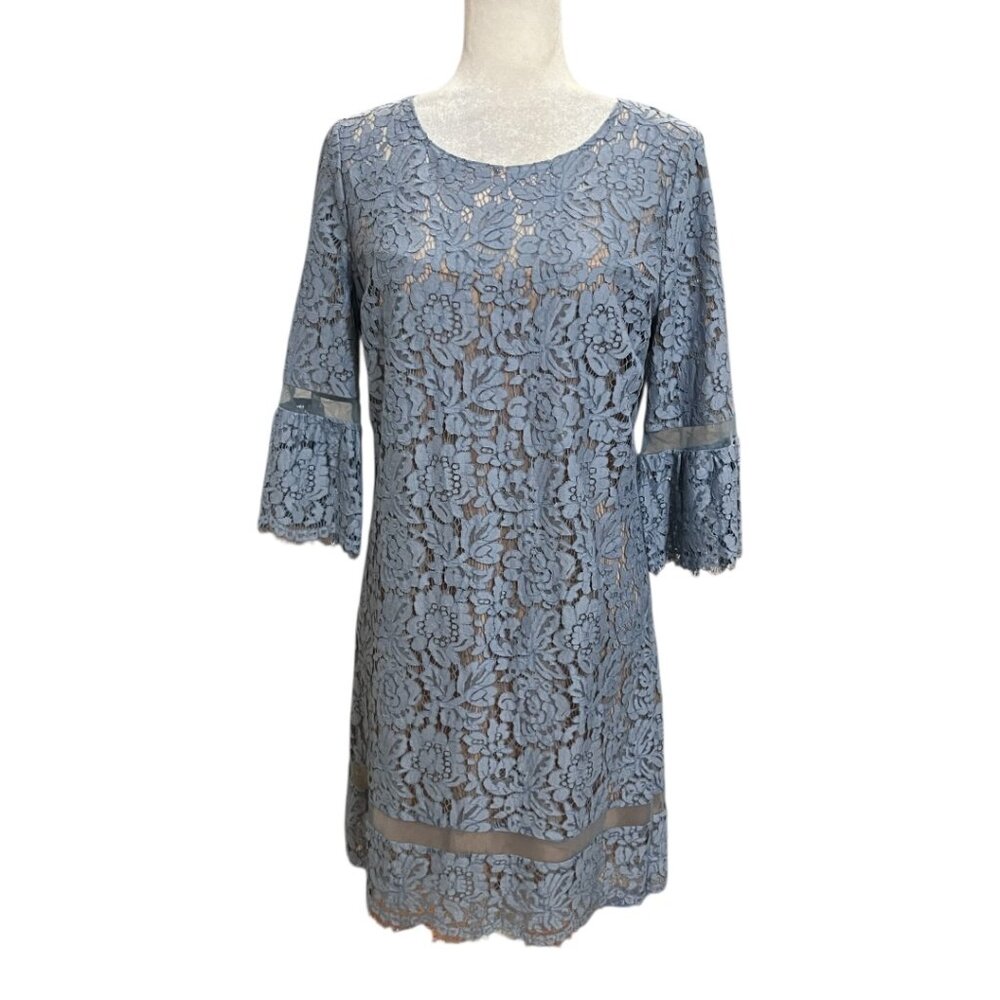 BCBGMAXAZRIA Blue Lace Dress M Bell Sleeve Sheath Cocktail Wedding Guest